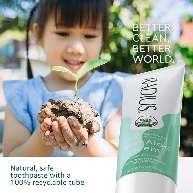Radius USDA Organic Toothpaste, Non Toxic Chemical-Free Gluten-Free Designed to Improve Gum Health & Prevent Cavity - Mint Aloe Neem - 3 Ounce (Pack of 1)