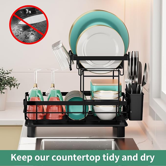 MOUKABAL 2 Tier Dish Drying Rack with Drainboard for Kitchen Counter, Black | 13×17 Large Capacity/Rustproof Stainless Steel/Fast Drainage Dish Drainer/Removable Utensil Holder/Kitchen Counter Organizer