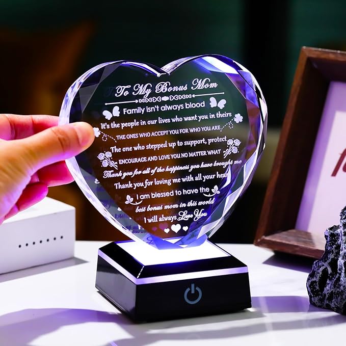 Arikyrist Bonus Mom Gifts with Colorful LED Base Crystal Heart Mothers Day Birthday Gifts for Stepmother Bonus Mom from Bonus Daughter Son Gift for Stepmom Mother in Law on Christmas Valentines