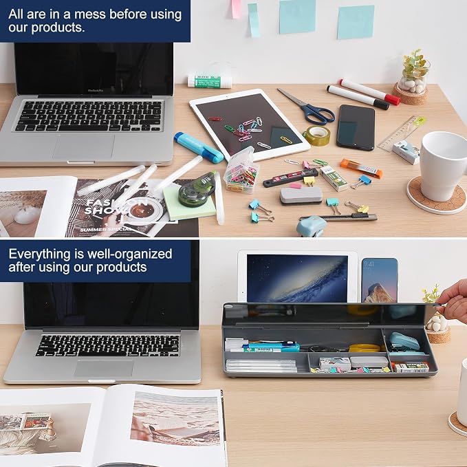 TSJ OFFICE Desktop Whiteboard Dry-Erase-Board - Computer Keyboard Stand White Board Surface Pad with Drawer, Desk Organizers with Accessories for Office, Home, School Supplies - Black＆Grey