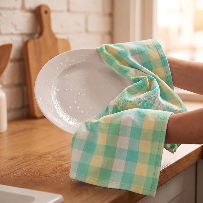 Urban Villa Kitchen Towels Set of 6 Green Sand Buffalo Checks Kitchen Towels 20X30 Inches 100% Cotton Highly Absorbent Kitchen Towels Premium Quality Ultra Soft Mitered Corners KitchenTowels