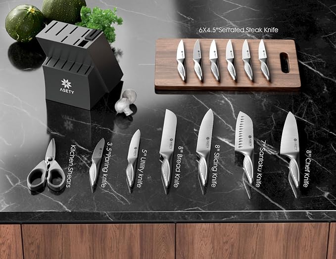 ASETY Knife Block Set, 15 PCS Knives Set for Kitchen, Stainless Steel | Ultra Sharp Kitchen Knife, Full Tang One-Piece Knife Set with Built-in Sharpener, Ergonomic Non-Slip Handle, Elegant Box