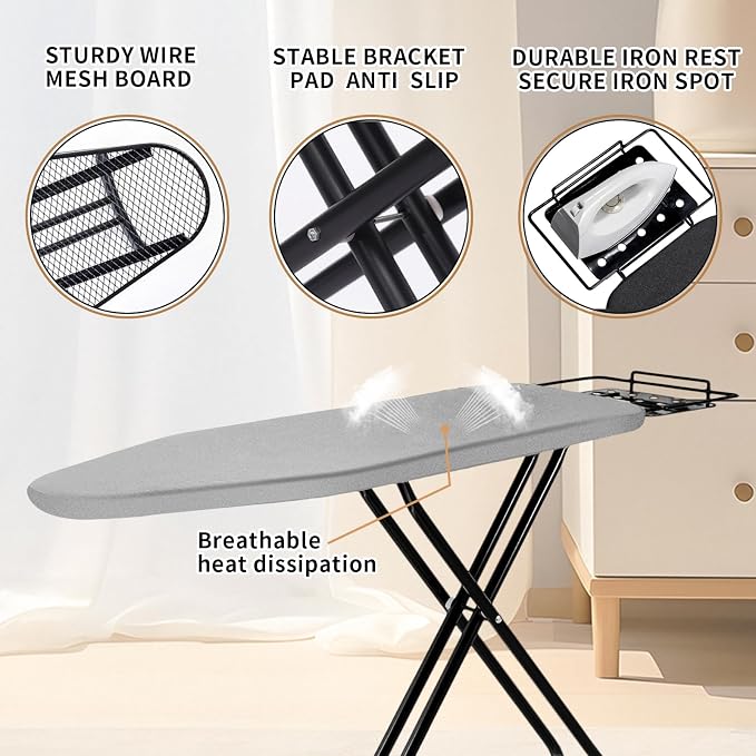 Ironing Board, 43x14 Inch Iron Board with Steam Rest, Heavy Duty Metal Frame Legs Ironing Table with Heat Resistant Cover Mat, Foldable Full Size Hanger Ironing Stand (Grey, 52" L x 14" W x 34.6" H)