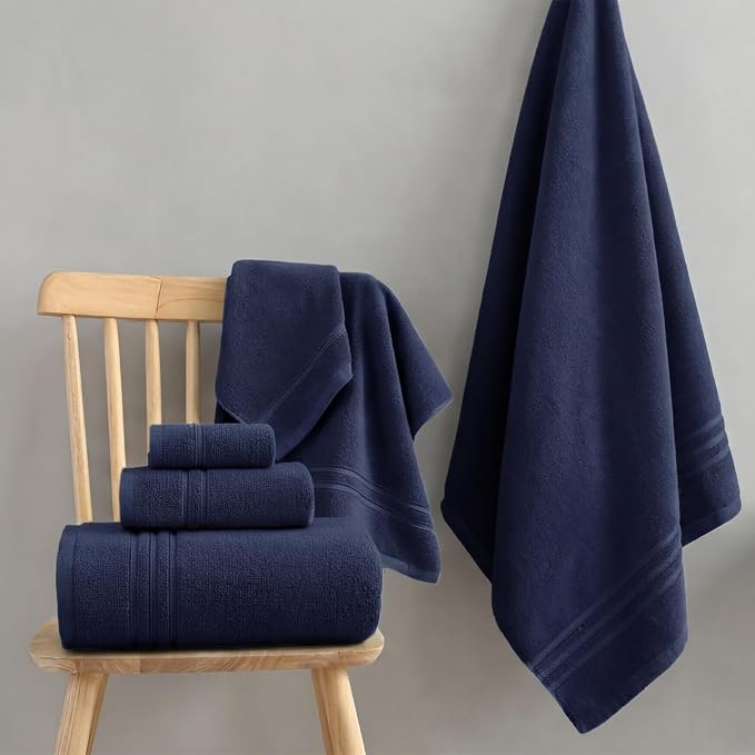 REDKISS Navy Towels Set 6 Piece Cotton Towel Sets with 2 Bath Towels, 2 Hand, 2 Washcloths, 650GSM Hotel Quality, Soft, Highly Absorbent Towels for Bathroom Gym, Ideal Everyday Use