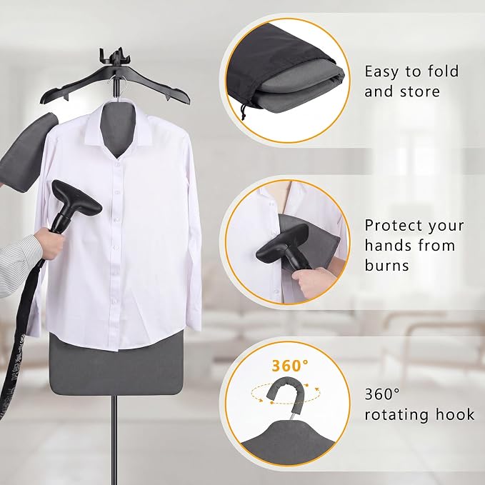 Foldable Steam Board with Ironing Glove Storage Bag 36" x 16" Foldable Steam Board 360° Rotating Hook for High Pressure Clothes Steaming Standing Steamer Home Travel Use (Pepper Black)
