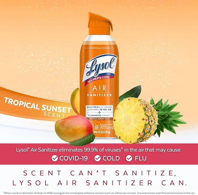 Lysol Air Sanitizer Spray with Bacterial Odor Eliminator for Home & Office, Sanitizing Air Spray, Air Freshener Alternative, Tropical Sunset Scent, 10 oz (Pack of 3)