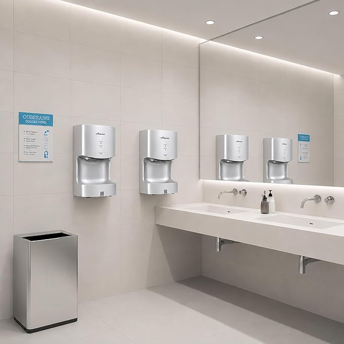 Automatic Commercial Wall Mounted Hand Dryer with Drip Tray, Compact High Speed 110V 1300W, Adjustable Hot & Cold Air, Low Noise for Bathroom & High-Traffic Restrooms, Silver