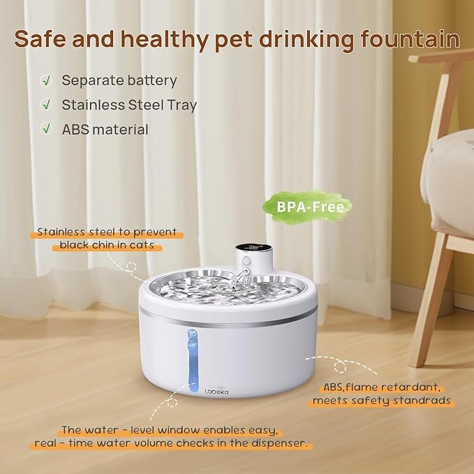 Wireless Cat Water Fountain [with Stainless Steel Tray], 84oz/2.5L Pet Fountain for Cats Inside, Cat Fountain for Drinking