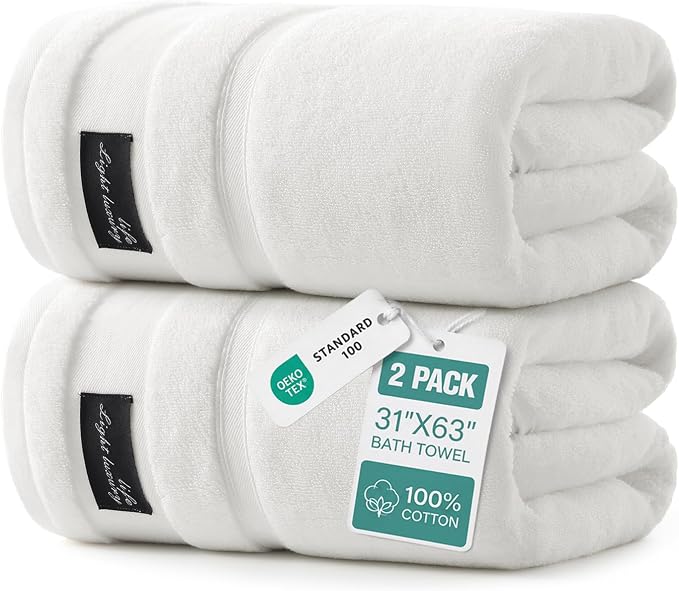 REDKISS Luxury White Bath Towels Set of 2, 100% Cotton 760GSM Heavyweight Bath Sheets, 31 x 63 Inch Oversized Large Bath Towels, Soft Plush Fluffy, Highly Absorbent Quick Dry Hotel Collection