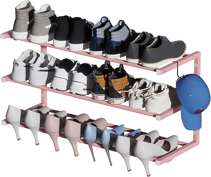 Wall Mounted Shoe Rack, 3 Tier Hanging Shoe Rack Holds 12 Pairs, 17"-30" Adjustable Heavy Duty Metal Shoe Organizer Holder with 2 Storage Hooks, Space Saving for Closet Entryway Doorway（Pink