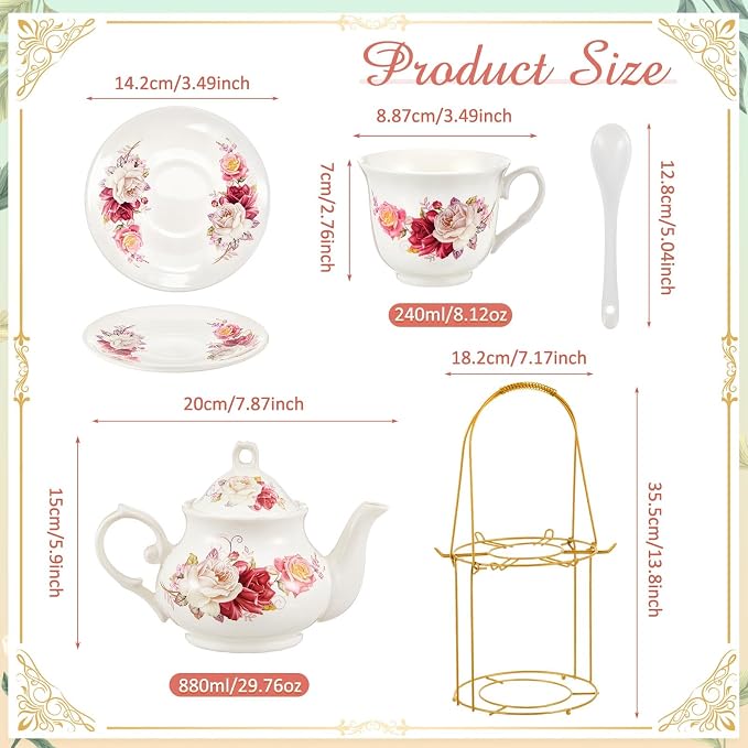 Zhehao 20 Pcs Porcelain Tea Set with Metal Holder and Spoon Adult Ceramic Tea Set European Flower Painting Teapot Cup Saucer Spoon for Women Mom Gift, Large Version (Grace Style)