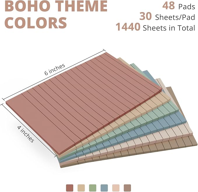 Lined Sticky Notes, 48 Pads, 4x6 Inches, Large Sticky Notes with Lines, Memo Note Pads in Multi Colors, 30 Sheets/Pad, Super Sticking Power for Office ＆ Home & Planning - Vintage