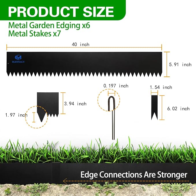 Metal Landscape Edging 6 Pack 40" L x 6" H | 20 FT Galvanized Bendable Metal Garden Edging,Hammer in Steel Landscape Edging with a Pair of Gloves and 7 Clips,Black