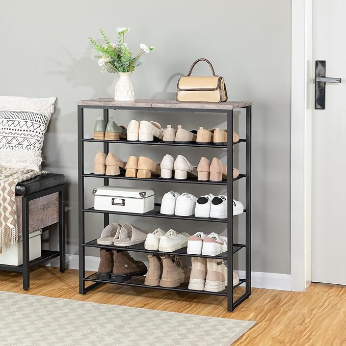 HOOBRO Shoe Rack, 6-Tier Shoe Organizer, for 18-24 Pairs of Shoes, Large Capacity Shoe Storage Shelf, for Entryway, Closet, Hallway, Dorm Room, Industrial, Greige and Black BG67XJ01G1
