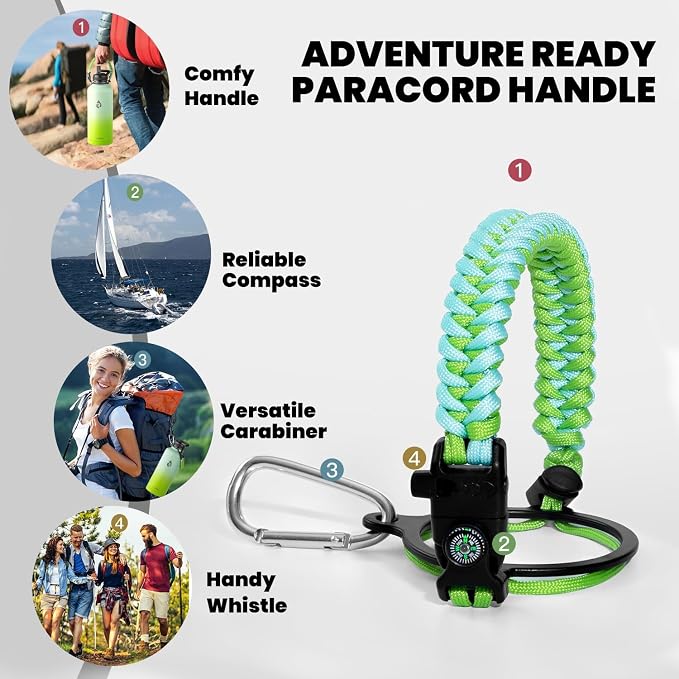RAYMYLO Insulated Water Bottle 87 oz, Triple Wall Vacuum Stainless Steel (Cold for 48 Hrs), Leak Proof & Non-BPA, Modern Water Flask Jug with Paracord Handle & Straw Spout Lids, Ombre Green