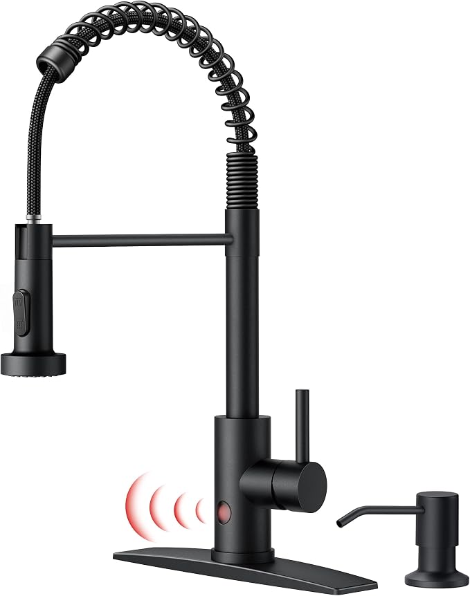 FORIOUS Touchless Kitchen Faucet with Soap Dispenser, Matte Black | Single Handle Stainless Steel, Smart Hands-Free Sink Faucet with Pull Down Sprayer for Camper Rv Bar, Motion Sensor Activated