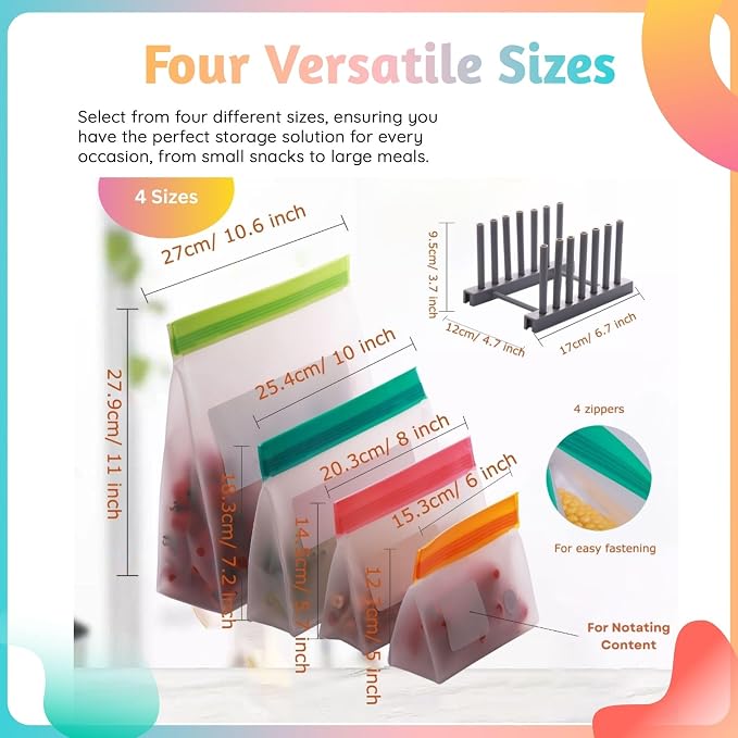 Reusable Food Storage Bags 8-Pack – BPA-Free Freezer & Dishwasher Safe, Leakproof Stand-Up Snack Bags 2 Gl + 2 L, 4 M– Eco-Friendly Airtight Ziplock Bags for Kitchen & Travel(Multicolor)
