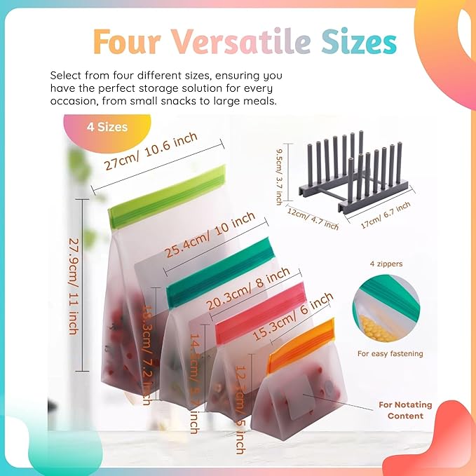 Reusable Food Storage Bags – 10-Pack Stand-Up, BPA-Free, Freezer, Dishwasher Safe, & Eco-Friendly– 5 L, 5 M Bags – Airtight Leakproof Sandwich, Snack, Travel & Make-Up baggies (Multicolor)
