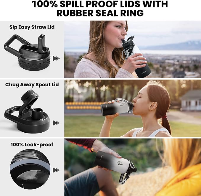 RAYMYLO Insulated Water Bottle 32 oz, Triple Wall Vacuum Stainless Steel (Cold for 24Hrs, Hot for 12Hrs), Leak Proof & Non-BPA, Modern Water Flask Jug with Paracord Handle & Straw Spout Lids