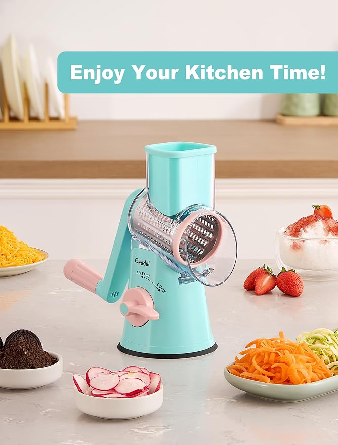 Geedel Rotary Cheese Grater Cheese Shredder - Upgraded 5-in-1 Cheese Grater with Handle and Strong Suction Base, Multi-purpose Vegetable Slicer Ice Shaver Nuts Grinder for Cheese, Vegetables, Ice