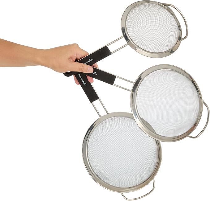 Restaurantware Fine Mesh Strainer Set of 3 Different Sizes with Silicone Handle Stainless Steel Extra Fine Mesh Strainer Heat-Resistant Handle Dishwasher-Safe for Rice, Quinoa, Pasta