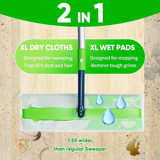 1.5X Wider XL Mop Set - 1 Long-Handle Mop, 10 Wet Pads & 20 Dry Pads, 360° Rotating Head, Fast Cleaning for Hardwood, Tile, Laminate Floors