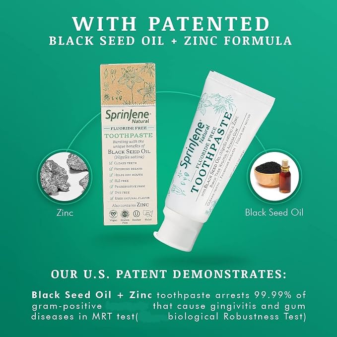 SprinJene Natural Fluoride Toothpaste – Natural Toothpaste for Gum Health & Cavity Protection – Patented Black Seed Oil & Zinc Formula for Healthy Teeth & Gums – Made in the USA (2 Pack)