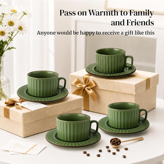 DOWAN Cappuccino Cup Set of 4, 8 OZ Ceramic Coffee Cups with Saucers, Coffee Mugs, Ribbed Espresso & Latte Cups Set, Elegant Stoneware for Home & Café Use