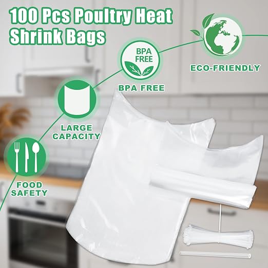 Poultry Shrink Bags 10x16" (100 Pack) – BPA Free Freezer Safe | Heat Shrink Bags for Chicken, Turkey, Rabbit – with 100 Zip Ties & Silicone Straw