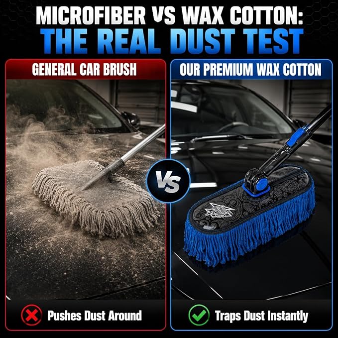 Flash Dog Waterless Car Duster - Wax Cotton Strands 360°Swivel Head & Extendable Aluminum Alloy Handle for Scratch-Free Dusting on Cars, Trucks, SUVs, RVs
