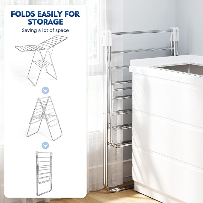 APEXCHASER Clothes Drying Rack, Stainless Steel Drying Rack Clothing with Height-Adjustable, Foldable Gullwings Laundry Drying Rack, Indoor Outdoor Use, No Assembly, White