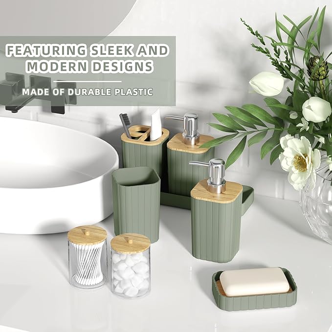 XLHOMO Bathroom Accessories Set - 25PC Sage Green Bathroom Set, Bathroom Set with Shower Curtain and Rugs, Green Shower Curtain Set, Toilet Brush, Bathroom Trash Can