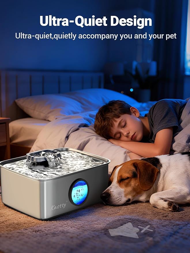 Kastty 15L/4 Gal Stainless Steel Dog Water Fountain for Large Dogs | Ultra-Quiet Automatic Pet Water Fountain with Water Level LED Light,Easy Cleaning Dog Water Bowl Dispenser for Multi-Pet FS79