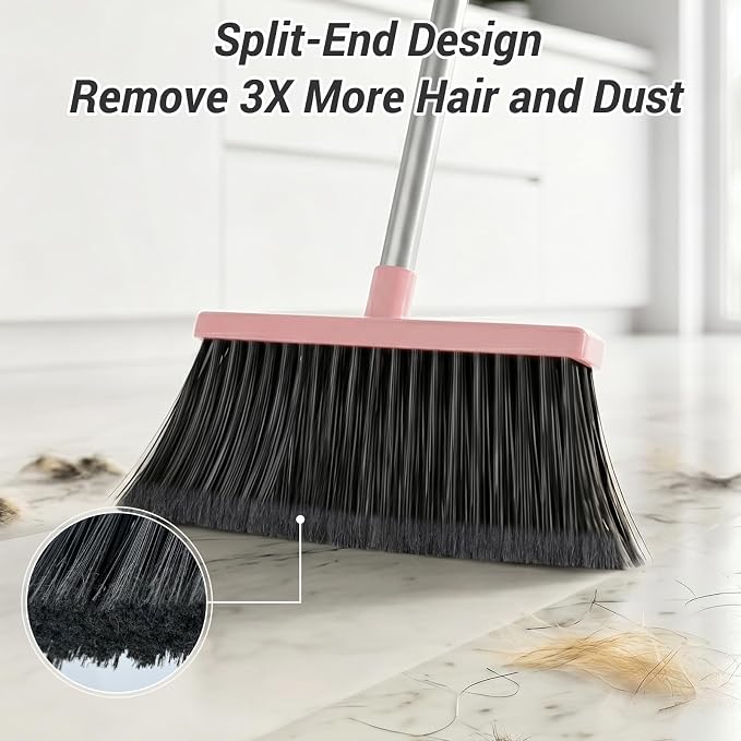 Broom with Dustpan Combo Set, Long Handle Upright Standing Self-Cleaning Broom and Dustpan Set for Pet Hair & Dust Cleanup, Indoor Outdoor Use for Home, Kitchen, Office, Pink