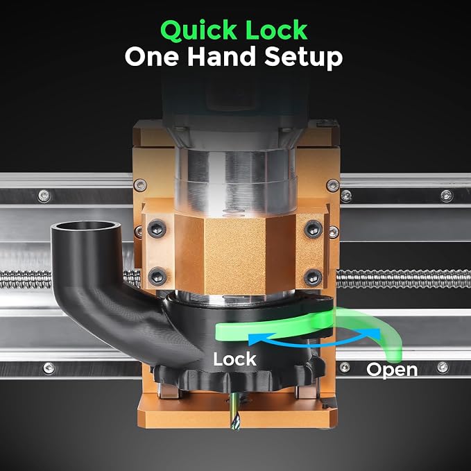 CNC Dust Shoe for 65mm & 69mm Spindles, Dual Brush, 1.5in Port | Improves CNC dust collection with 65/69mm spindle fit, dual brush sealing, magnetic access and quick-lock installation.