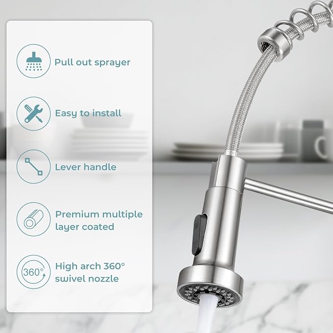 Kitchen Faucet with Soap Dispenser, Brushed Nickel | 360° high arc spout, single handle, fingerprint-resistant, drip-free valve, DIY install kit, NSF certified