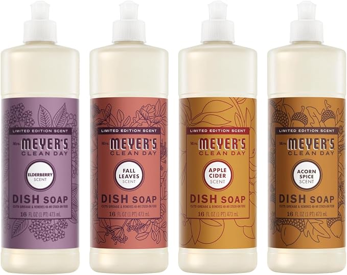 Mrs. MEYER'S Fall Scent Dish Soap, 1 Acorn Spice, 1 Apple Cider, 1 Fall Leaves, 1 Elderberry, 16 FL OZ Each, 4 CT (Variety Pack)