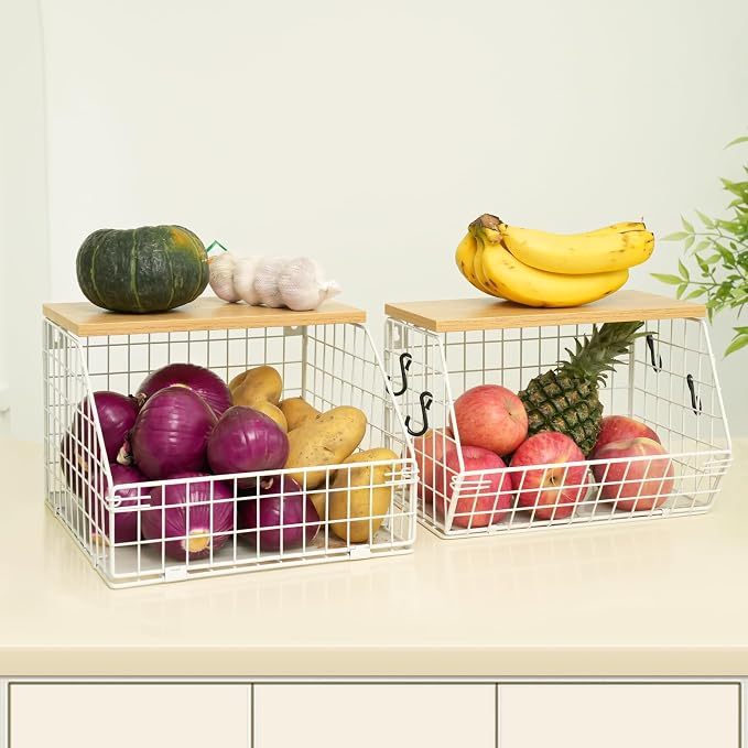 Mefirt White Fruit Bowl, 2-Tier Fruit Basket for Kitchen Counter, Stackable Wall Mounted Veggie Storage, Snack Organizer, Potato and Onion Storage Basket, Hanging Pantry Organizer with Wood Lid, 2 Set