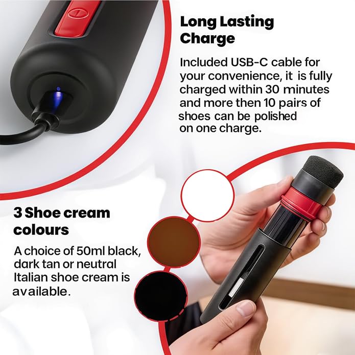 Electric Shoe Shine Kit with 50ml Black Shoe Polish Cream – Rechargeable Motorised Horsehair Brush for Leather Shoes, Boots, Handbags – Effortless Shine for School, Business Travel & Home