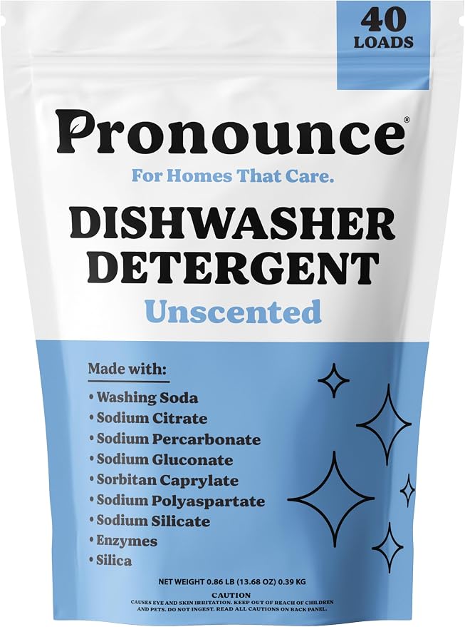 Pronounce Dishwasher Detergent - Cleaner Ingredients, Fragrance Free - Ultra Concentrated Dish Soap, Cuts Grease and Grime, Dishwasher Pods Alternative. (40 Loads, Unscented)