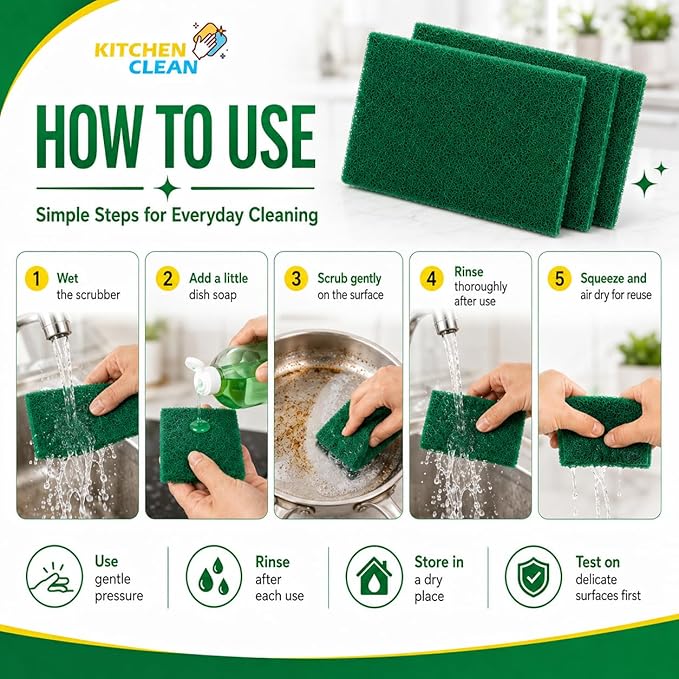 ™ 5 Pcs Large Kitchen Scrub Pads | Dish wash Scrubber | Non Scratch - Durable - Long Lasting | Clean Shine Brite Utensils Scrub Pads (Green, Large 4x6 inch, Pack of 5 Pcs)