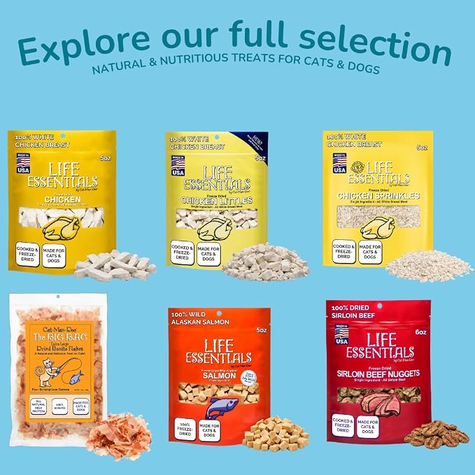 Life Essentials by Cat-Man-Doo | Freeze Dried Salmon Treats | 5oz Bag (4pk) | Freeze-Dried, Premium Wild Caught Salmon, Healthy, Single Ingredient, High Protein, Pet Treats, Food Topper for Cats & Dogs