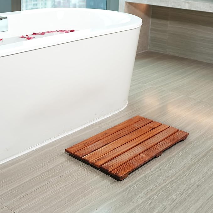 VaeFae Teak Shower Mat, Non-Slip Bath Mat, Luxury Spa Mat, Wooden Mat for Bathtub, 20 x 13 in