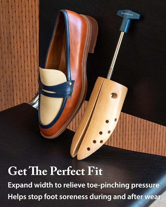 FootFitter Premium Professional One‑Way Shoe Stretcher, Width Expansion | Heavy Duty Wooden Shoe Stretcher Extends Up to ½ a Size, Provides Targeted Relief for Tight Areas with Metal Spot Plugs