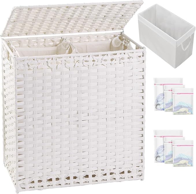 SETVSON Laundry Hamper with Lid Wicker Laundry Basket, White | Decorative Furniture Look for Bathroom & Bedroom, 3-Section Large Wicker Hamper, 3 Cloth Bags, 6 Mesh Bags Included