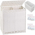 SETVSON Laundry Hamper with Lid Wicker Laundry Basket, White | Decorative Furniture Look for Bathroom & Bedroom, 3-Section Large Wicker Hamper, 3 Cloth Bags, 6 Mesh Bags Included