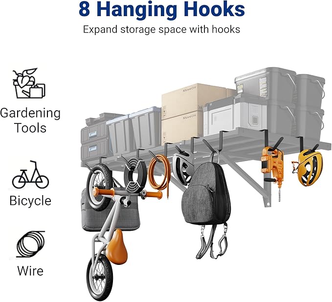 FLEXIMOUNTS 2x4ft Heavy Duty Garage Wall Shelving, 4-Pack Garage Shelving Wall Mounted with 8 Hooks, 400lbs Capacity, Storage for Power Tools, Garden Supplies, Storage Bins, Lite Series