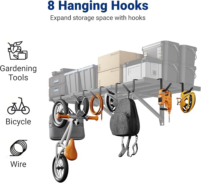 FLEXIMOUNTS 2x4ft Garage Wall Shelving, 2-Pack Heavy Duty Garage Shelving Wall Mounted with 8 Hooks, 400lbs Capacity, Storage for Power Tools, Garden Supplies, Storage Bins, Lite Series