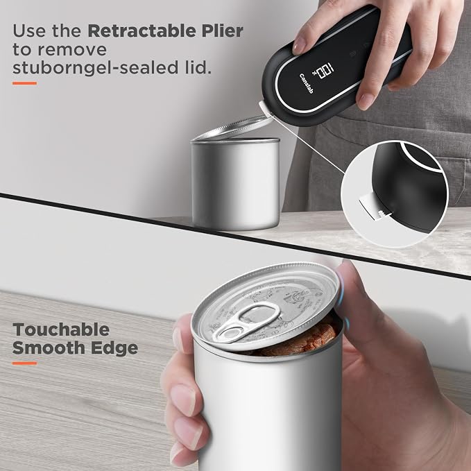 Canslab Turbo Rechargeable Electric Can Opener, LED Battery Life Display | Smart Auto Stop Can Opener for Seniors, Safe Touchable Smooth Edge, One Touch Hands-free Operation, Wall-mountable, Black