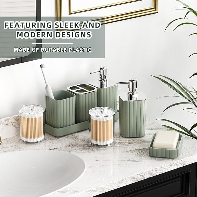 XLHOMO Bathroom Accessories Set - 25PC Sage Bathroom Set, Bathroom Set with Shower Curtain and Rugs, Sage Green Shower Curtain Set, Bathroom Accessory Set, Trash Can & Soap Dispenser